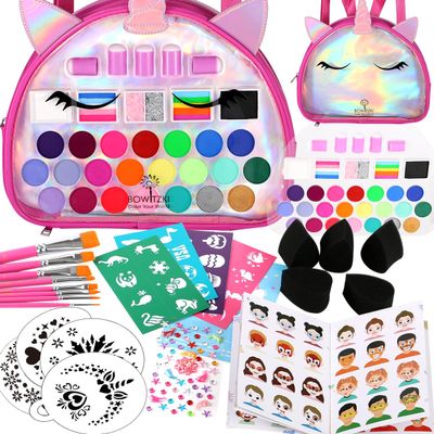 Bowitzki Unicorn Face Paint Kit-24 Colors,2 Rainbow Glitters&2 Glitter Gels,10 Sponges,8 Brushes,8 Stencils,Gem Stickers&Guidebook-Come with Unicorn Backpack for Party Halloween (Pink)