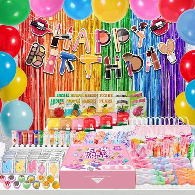 159Pcs Spa Party Supplies Set12 Complete Spa Kits with Face/Lip/Eye/Hand/Foot Care + Birthday Party Essentials(Banner,Balloons,Curtains)Perfect for Birthdays,Sleepovers,Slumber Parties & Relaxation