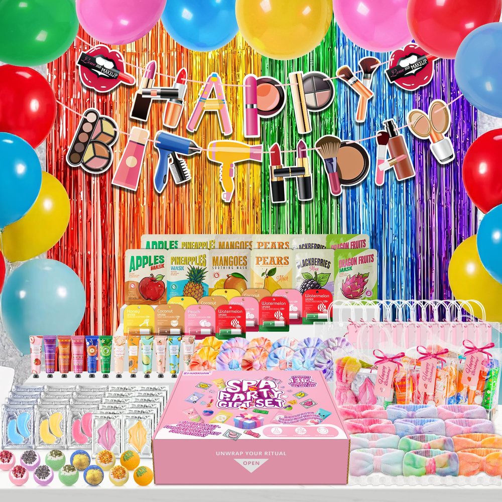 159Pcs Spa Party Supplies Set12 Complete Spa Kits with Face/Lip/Eye/Hand/Foot Care + Birthday Party Essentials(Banner,Balloons,Curtains)Perfect for Birthdays,Sleepovers,Slumber Parties & Relaxation