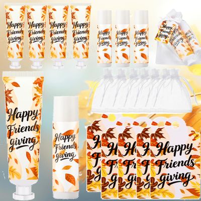 Demissle 24 Sets Friendsgiving Gifts Happy Friends Giving Party Favor Decorations Bulk Hand Cream and Lip Balm Gifts Sets Travel Size Hand Lotion Lip Balm Bulk with Organza Bag and Tags