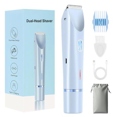 Bikini Trimmer for Women, 2 in 1 Electric Razors for Women, Rechargeable Cordless & Painless Hair Removal, Ultra Low Silent, Easy Cleaning, IPX7 Waterproof Bikini Shaver for Sensitive Skin (Blue)