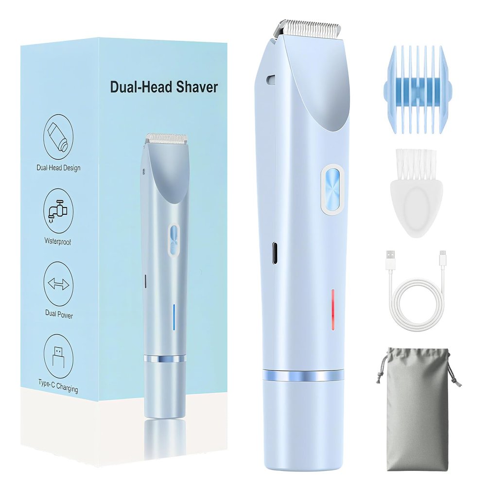 Bikini Trimmer for Women, 2 in 1 Electric Razors for Women, Rechargeable Cordless & Painless Hair Removal, Ultra Low Silent, Easy Cleaning, IPX7 Waterproof Bikini Shaver for Sensitive Skin (Blue)