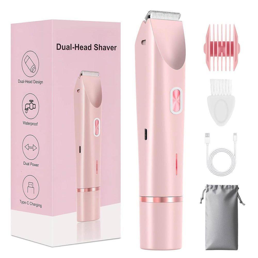 Bikini Trimmer for Women, 2 in 1 Electric Razors for Women, Rechargeable Cordless & Painless Hair Removal, Ultra Low Silent, Easy Cleaning, IPX7 Waterproof Bikini Shaver for Sensitive Skin (Pink)