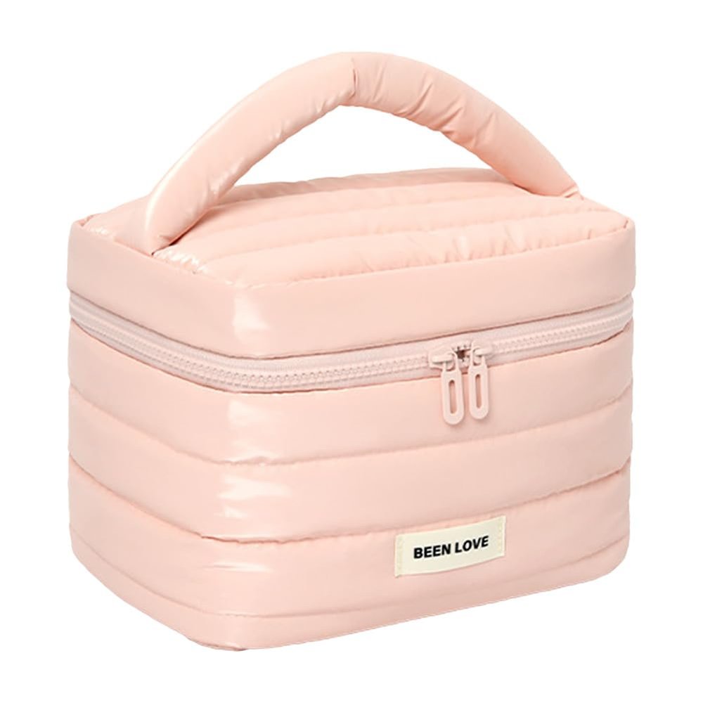 AZURAOKEY Puffy Padded Quilted Toiletry Bag for Women, Waterproof Toiletry Bag Large Travel Make Up Organizer Pouch Storage with Handle