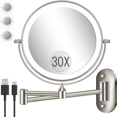 30X/1X Wall Mounted Lighted Makeup Mirror, 8'' Double Sided Rechargeable Magnifying Bathroom Mirror with Light, 3 Color Lights Touch Dimmable Extended Arm 360 Rotation Light up Mirrors