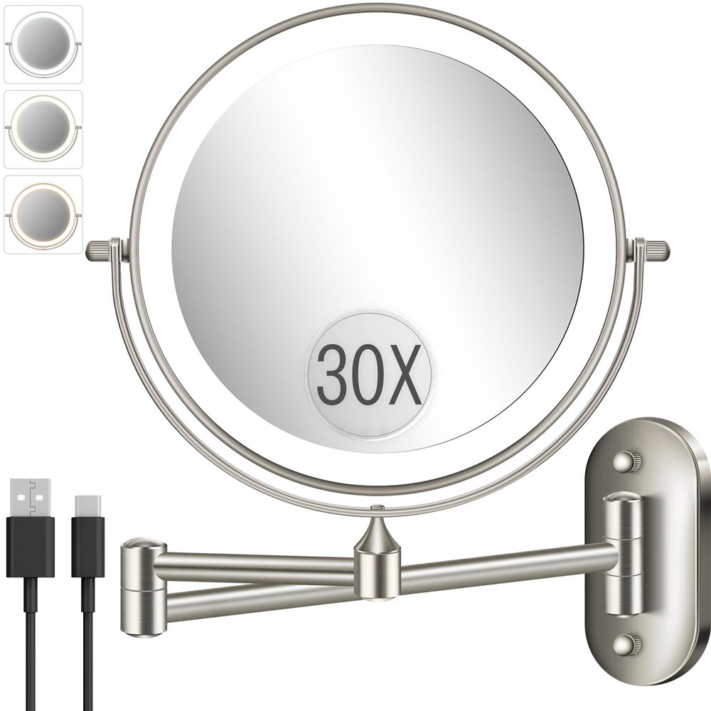 30X/1X Wall Mounted Lighted Makeup Mirror, 8'' Double Sided Rechargeable Magnifying Bathroom Mirror with Light, 3 Color Lights Touch Dimmable Extended Arm 360 Rotation Light up Mirrors
