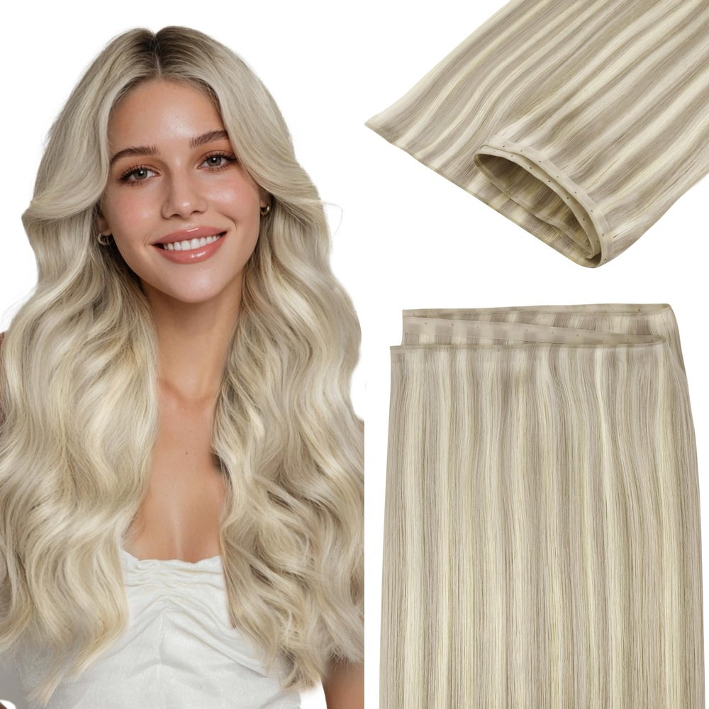 GOO GOO Butterfly Weft Hair Extensions Human Hair, Invisible Genius Weft Hair Extensions, 17A/60A Ash Blonde Highlighted Platinum Blonde 22 Inch 120g, OVO Hole Micro Hand-Tied Look Straight Silky Hair