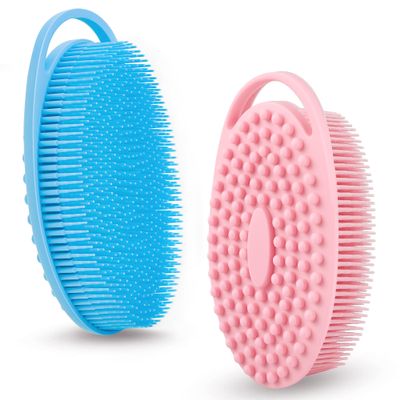 2 Pack Silicone Body Scrubber for Shower, Soft & Gentle Loofah Alternative for Sensitive Skin, Quick-Drying & Hygienic Body Wash Scrubber Brush for Women, Men & Kids (Blue & Pink)