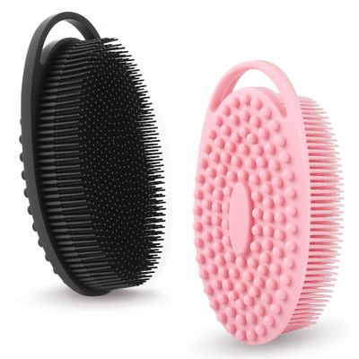 2 Pack Silicone Body Scrubber for Shower - Soft & Gentle Loofah Alternative for Sensitive Skin, Quick-Drying & Hygienic Body Wash Scrubber Brush for Women, Men & Kids (Black & Pink)