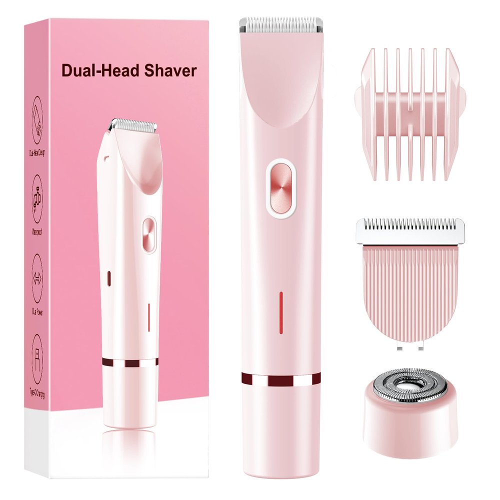 Bikini Trimmer for Women Electric Razors for Women, Double Head Dual Purpose, IPX7 Waterproof Hair Razor, Ceramic Blade Hair Trimmer Wet & Dry Use, Painless Electric Shaver for Facial and Body (Pink)