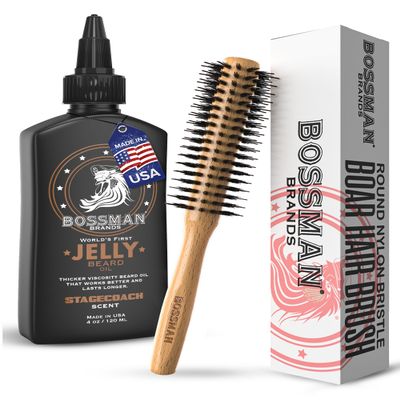 Bossman Jelly Beard Oil for Men 4 oz + 2 inch Round Hair Brush Bundle | Softening & Moisturizing Oil for Beard + Blow Dryer Brush for Detangling & Straightening Made in the USA