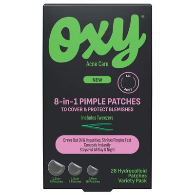Oxy 8 IN 1 Pimple Acne Patches, Invisible, Sweat & Waterproof Hydrocolloid Zit Covers Protect & Shrink Pimples, Fast On Face & Body, 26 Count in 3 Sizes, Tweezers Included (3x26ct)