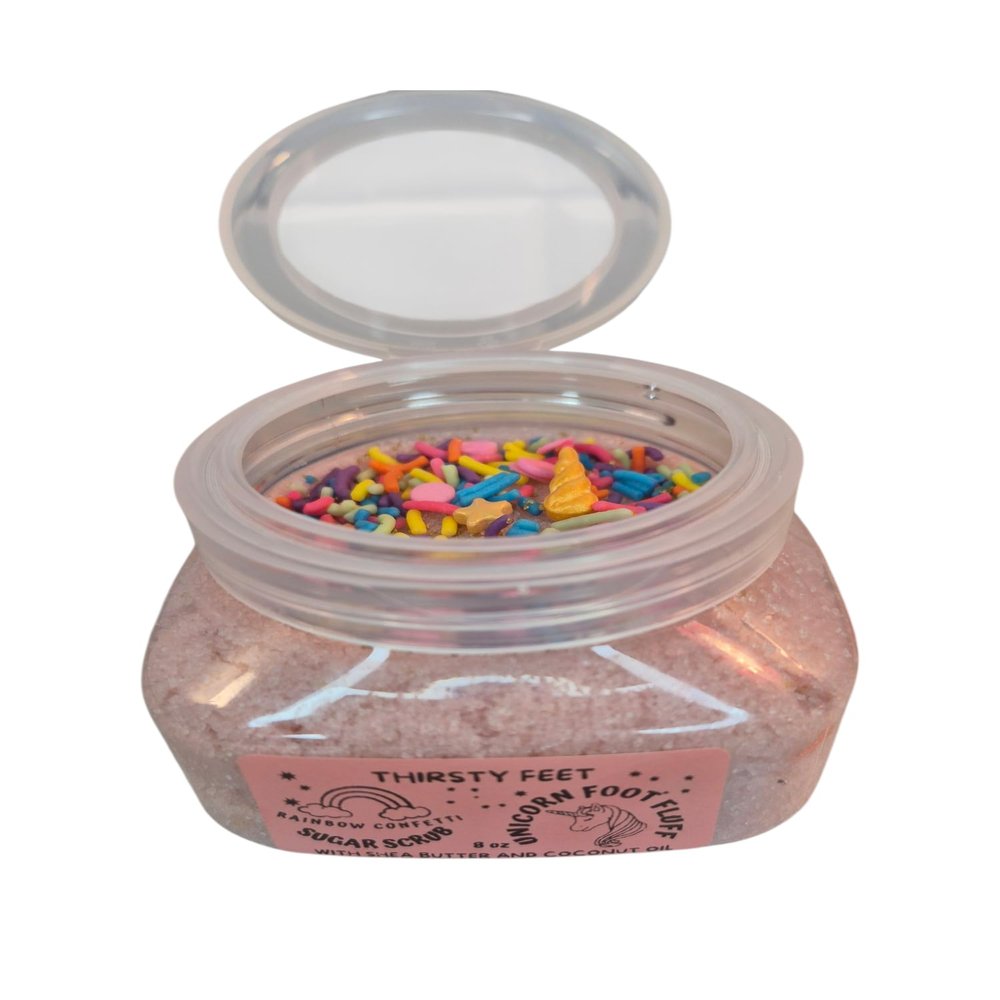 Rainbow Confetti Unicorn 8 oz Jar, Natural Foot Scrub for Dry Skin, Moisurizing Body Scrub, Hypoallergenic Exfoliant, Nourishing with Vitamins A, E, & F, For Men, Women, Girls, Boys, Spa, Bath