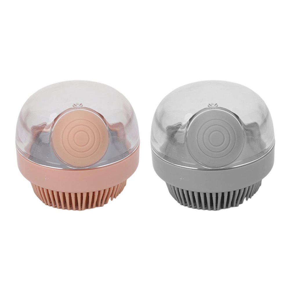 2pcs Silicone Bath Body Brush Set - Round Fine Teeth Rich Foam Deep Cleansing Shower Brush with Pressurized Cleanser - Grey & Pink Body Scrubber for Bath & Face Cleaning