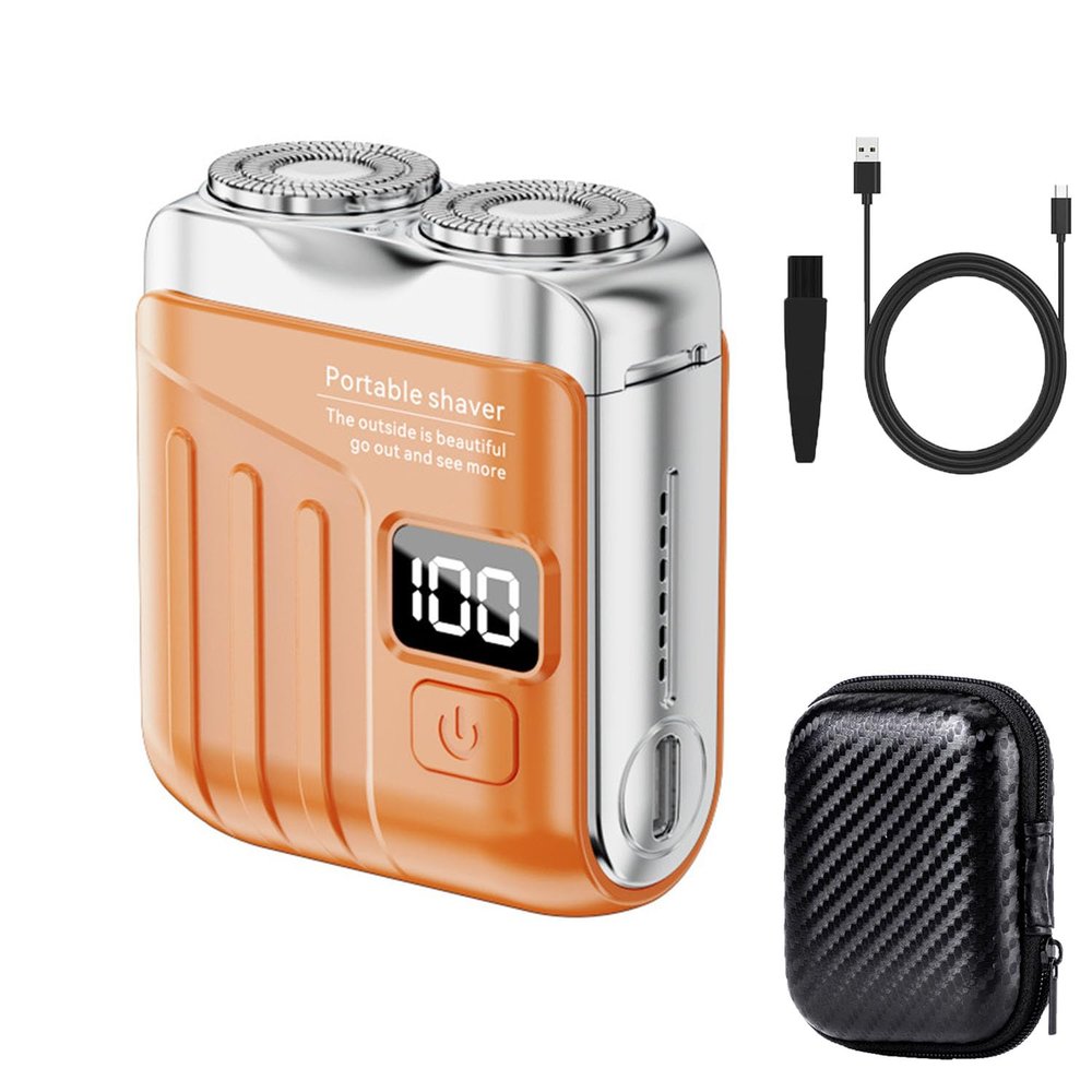 Portable Rotary Dual Ring Electric Shaver with Travel Case, Mini Dual-Head Electric Shaver for Men, Rechargeable Waterproof Pocket Razor for Home, Car, Travel (Orange)