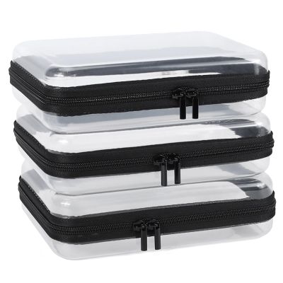 YOPCDJ 3 Pack Clear Hard Shell Zipper Case, Clear Zipper Pouches Waterproof Makeup Organizer & Travel Toiletry Bag, Plastic Pouch for Travel Office Storage, Black Medium Size