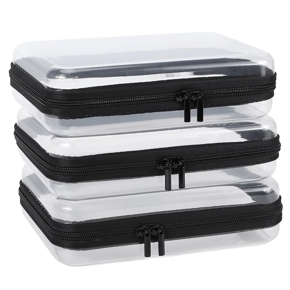 YOPCDJ 3 Pack Clear Hard Shell Zipper Case, Clear Zipper Pouches Waterproof Makeup Organizer & Travel Toiletry Bag, Plastic Pouch for Travel Office Storage, Black Medium Size