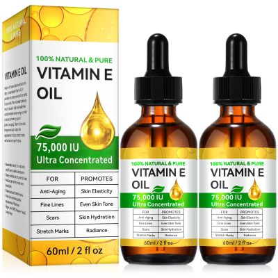 2 Pack Vitamin E Oil, 75,000 IU Organic Pure Vitamin E Oil for Tightening Plump Skin, Reduce Fine Lines & Scars, Moisturizing Skin, Face & Full Body