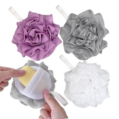 3 Pack Bath Loofah Shower with Soap Bags, Dual-Use Exfoliating Bath Sponges Soap Saver for Women & Men, Gentle Body Scrubber (White, Gray, Purple)