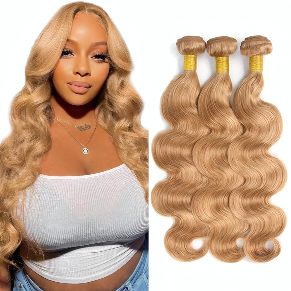 LOIUMGUU Honey Blonde Body Wave Human Hair Bundles Color #27 Human Hair Bundles 20 22 24 Inch Unprocessed Brazilian Virgin Remy Weave Extensions for Women