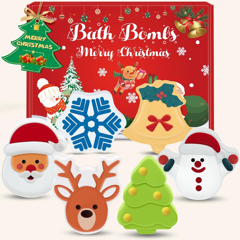 Christmas Bath Bombs Set for Kids, Boys & Girls Stocking Stuffers Gift, Handmade 6 Fun Organic for Children, Gentle Formula Creates, Relaxing Aromas for Women