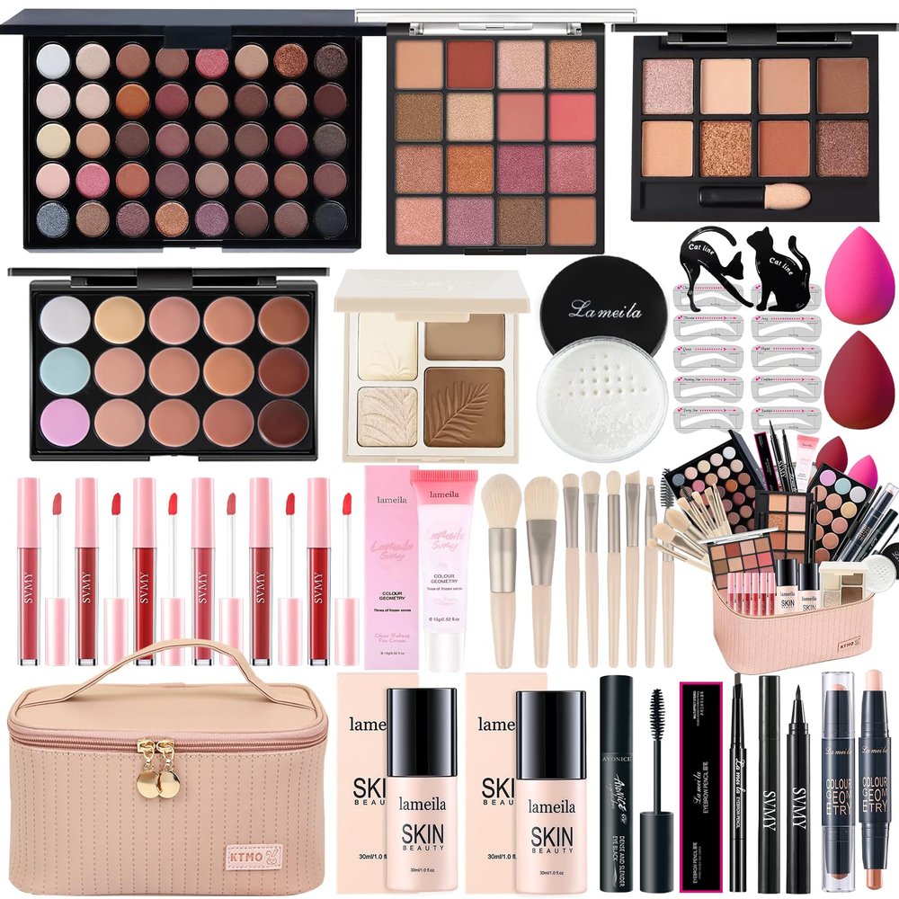 All in One Makeup Kit for Women Full Kit, Makeup Gift Sets for Women Teens Girls, Makeup Essential Bundle Includes Eyeshadow Palette Foundation Eyeliner Contour Stick Lip Gloss Cosmetic Brush Set