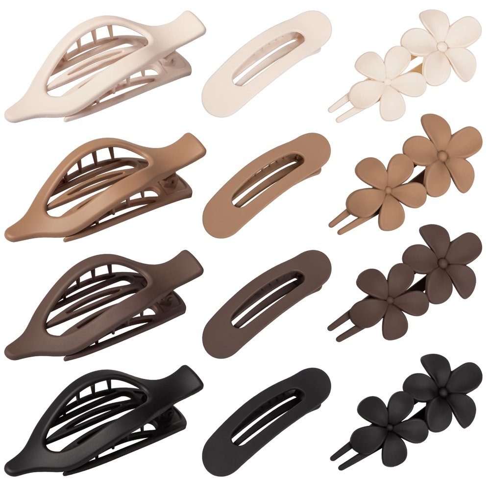 12 PCS Flat Hair Clips for Women - 3 Styles Flat Claw Clips for Thin Thick Hair, Strong Hold Hair Accessories