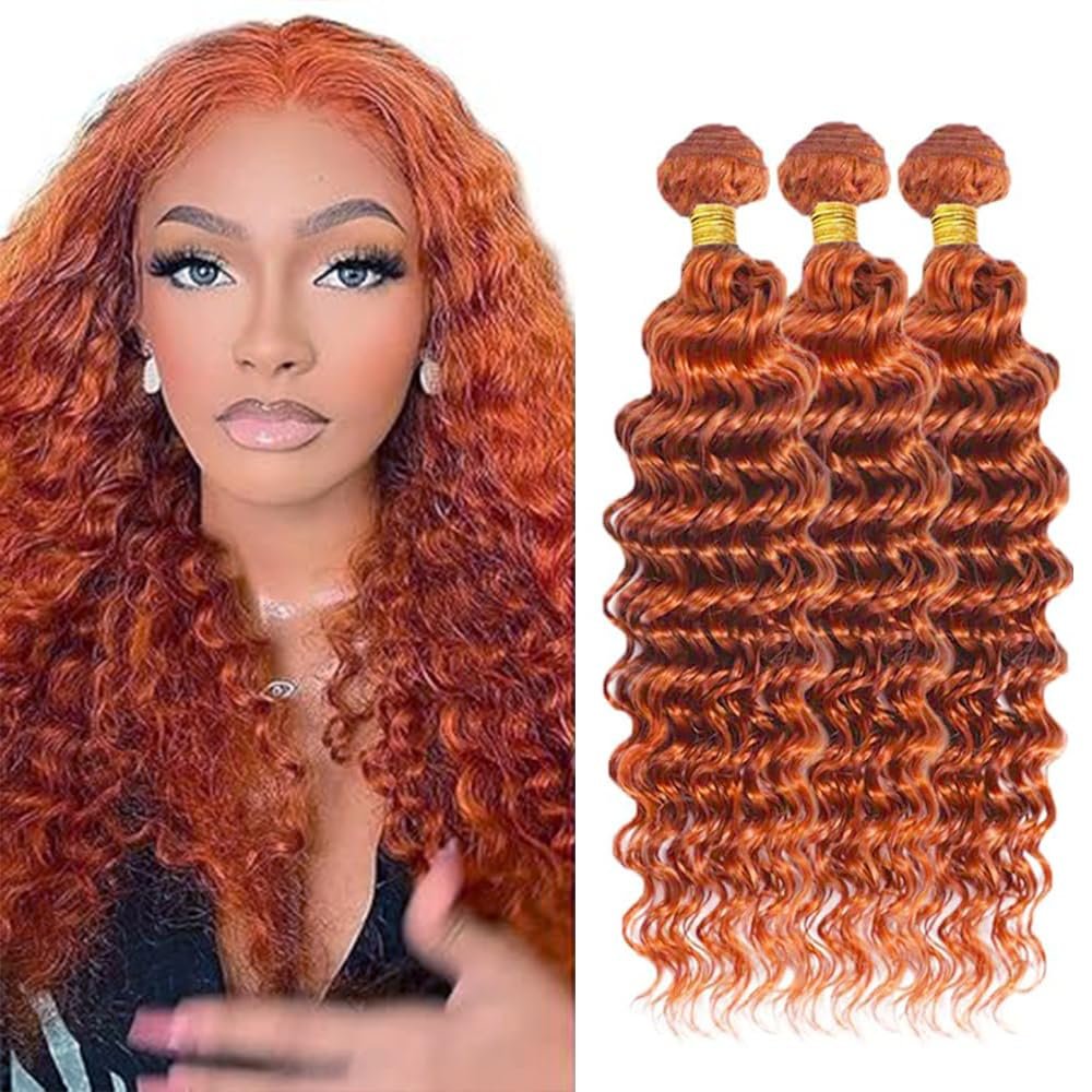 Burnt Orange Deep Curly Bundles Color 350 Deep Curly Human Hair 3 Bundles 14 14 14 inch Double Weft Ginger Deep Wave Wet and Wavy Human Hair Extensions