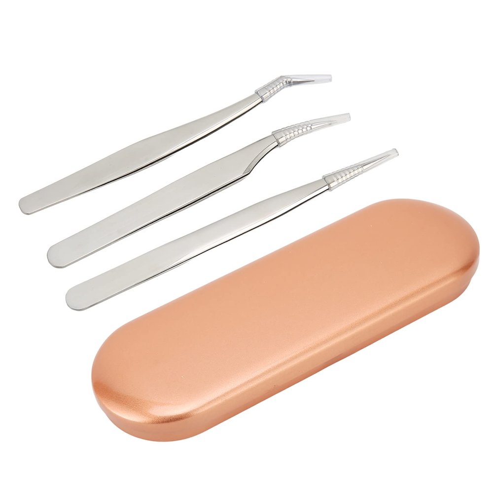 1. 3Pcs Stainless Steel Eyelash Tweezers Set with Blackhead Extractor for Home & Salon Use2. Professional Eyelash Extension Tweezers & Blackhead Remover Kit with Rose Gold Storage