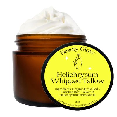 Beauty Glow Helichrysum Gymnocephalum Whipped Beef Tallow Balm Cream for Face & Body Age Defying Hydrating, Skin Healing, Full Body Hydration, Multipurpose Balm 2 Oz