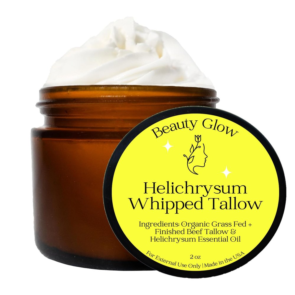 Beauty Glow Helichrysum Gymnocephalum Whipped Beef Tallow Balm Cream for Face & Body Age Defying Hydrating, Skin Healing, Full Body Hydration, Multipurpose Balm 2 Oz