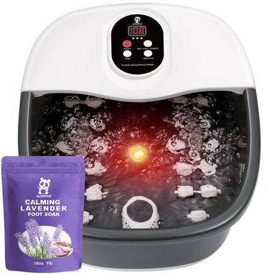 ALISSPOD Foot Spa Bath Massager with Heat Bubbles and Vibration Massage and Jets, 16 OZ Calming Lavender Foot Soak Epsom Salt, Foot Soaker with Red Light, 22 Massage Rollers, Adjustable Temp - Black