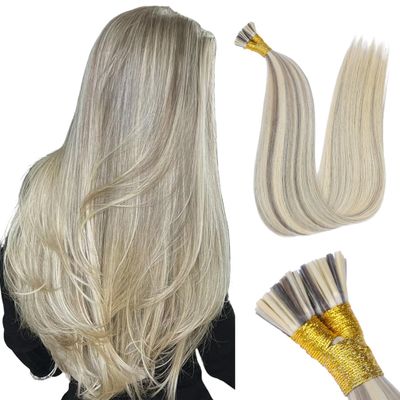MioYio I Tip Hair Extensions Human Hair 30G/Pack Human Hair Itip Human Hair Extensions #16/60 Pre Bonded Extensions Long Straight Highlight Blonde 18Inch
