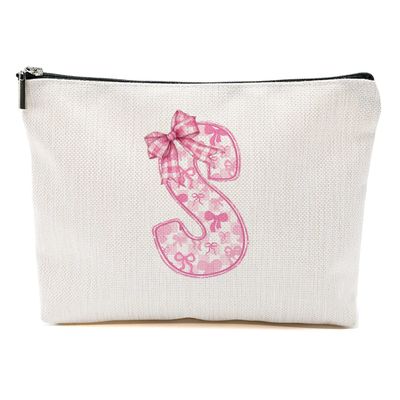 MQBMQB Pink Bow S, Alphabet Makeup Bag for Women, Washable Travel Organizer Toiletry Cosmetic Bag, Coquette Bow Letter Pattern Large Capacity Makeup Pouch with Zipper, Christmas Gifts for Women