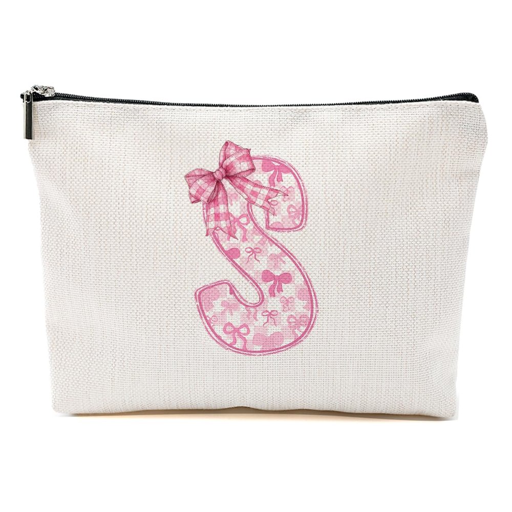 MQBMQB Pink Bow S, Alphabet Makeup Bag for Women, Washable Travel Organizer Toiletry Cosmetic Bag, Coquette Bow Letter Pattern Large Capacity Makeup Pouch with Zipper, Christmas Gifts for Women