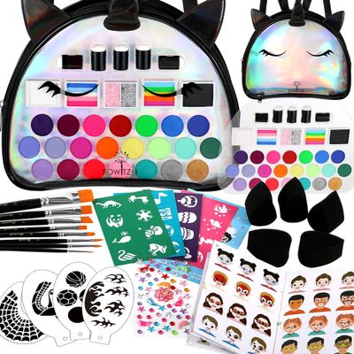 Bowitzki Unicorn Face Paint Kit -24 Colors,2 Rainbow Glitters&2 Glitter Gels,10 Sponges,8 Brushes,8 Stencils,Gem Stickers&Guidebook-Come with Unicorn Backpack for Party Halloween (Black)