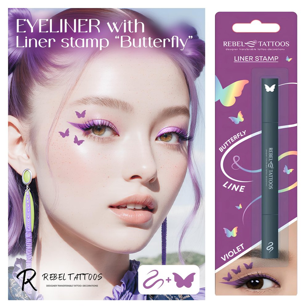 Rebel Tattoos 2-in-1 Eyeliner Stamp, Pigmented Intense Black Formula, Smudge-Budge Proof, Sweatproof, 24 Hour Stay Eyeliner Stamp (purple butterfy)