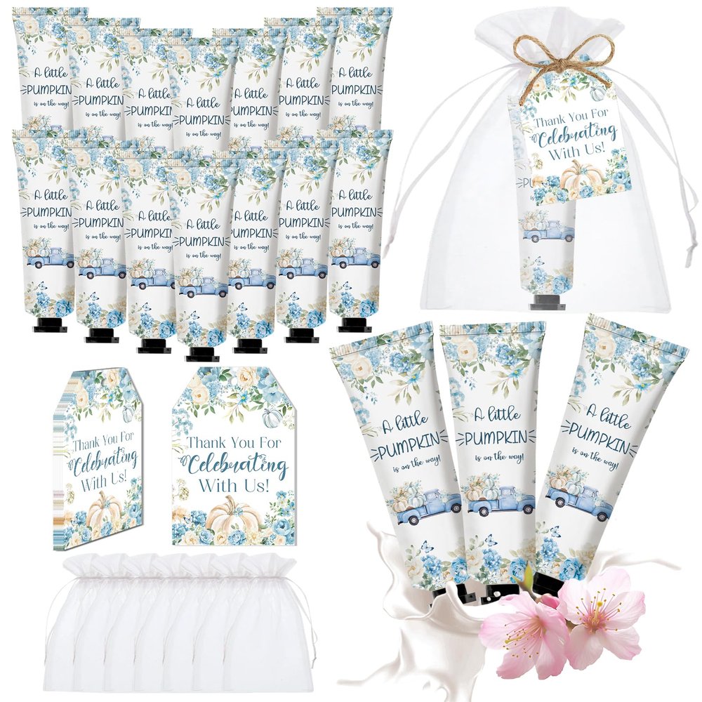 50 Sets A Little Pumpkin Hand Cream Bulk Baby Shower Party Favors for Guests Bridal Shower Thank You Valentine's Gifts Travel Size Hand Lotion Bulk for Party Supplies(Blue)