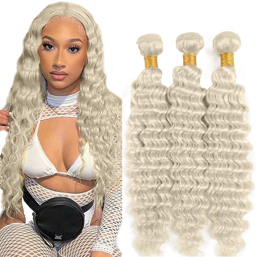 #88 Platinum Blonde Bundles Human Hair Deep Wave Bundles 26 26 26 Inch Platinum Blonde Deep Wave Bundle Unprocessed Brazilian Virgin Weave Hair 3 Bundle 50 Gram Per Bundle
