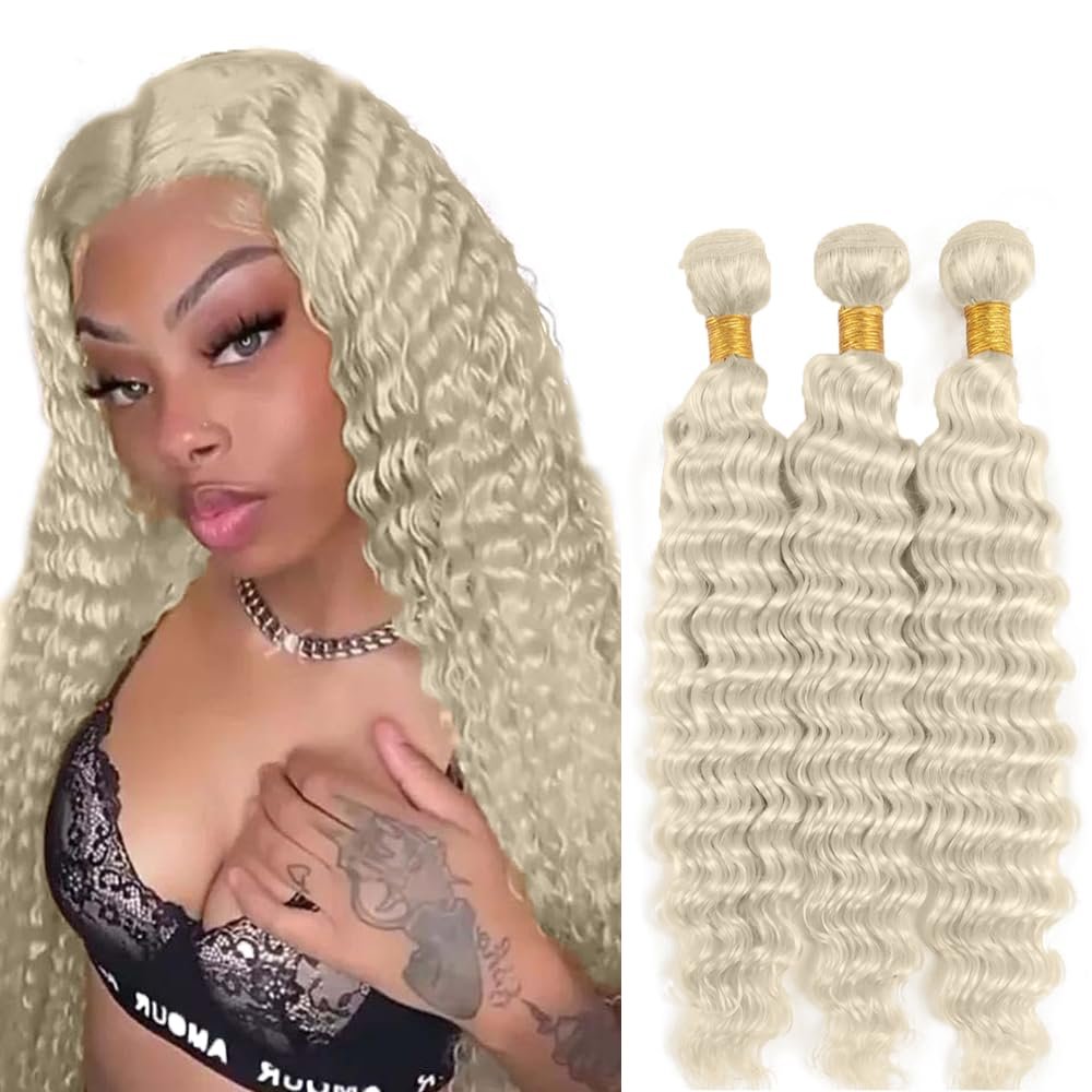 #88 Platinum Blonde Bundles Human Hair Deep Wave Bundles 32 32 32 Inch Platinum Blonde Deep Wave Bundle Unprocessed Brazilian Virgin Weave Hair 3 Bundle 50 Gram Per Bundle
