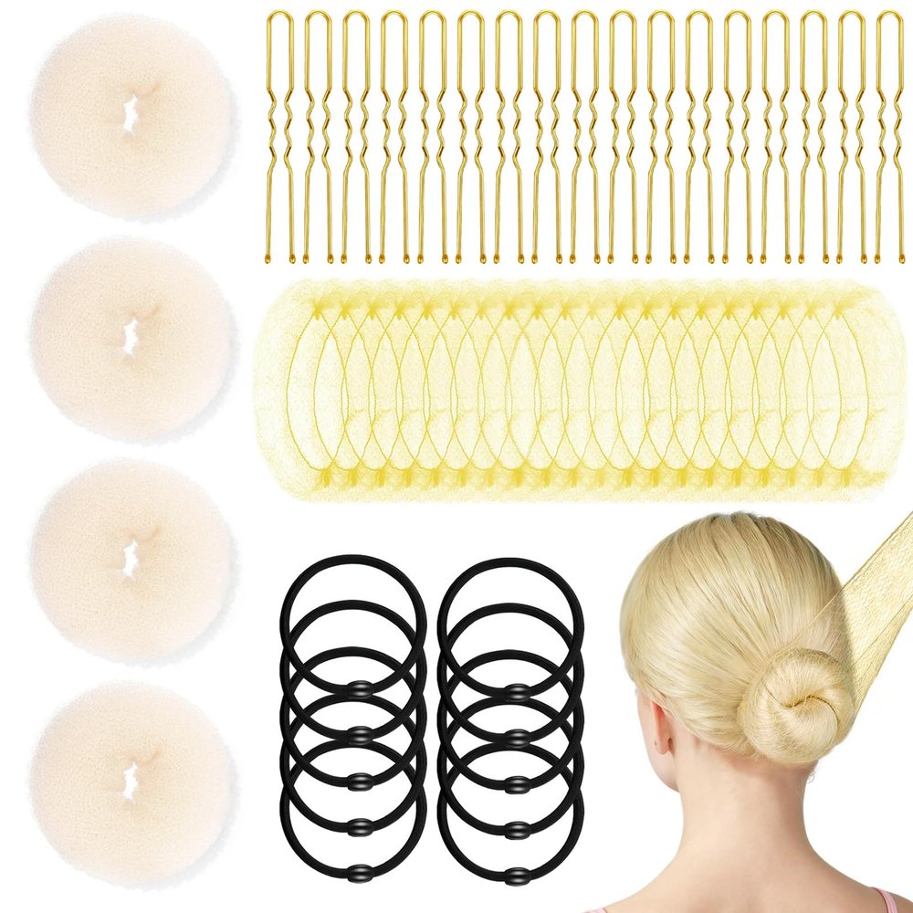 YINGFENG 134 Pcs Beige Hair Bun Maker Kit for Kids Small - 4 Hair Donuts for Buns, 20 Hair Nets for Buns, 100 U Shaped Bobby Pins, 10 Hair Bands, for Girls, Ballet Dance, Hair Accessories for Women