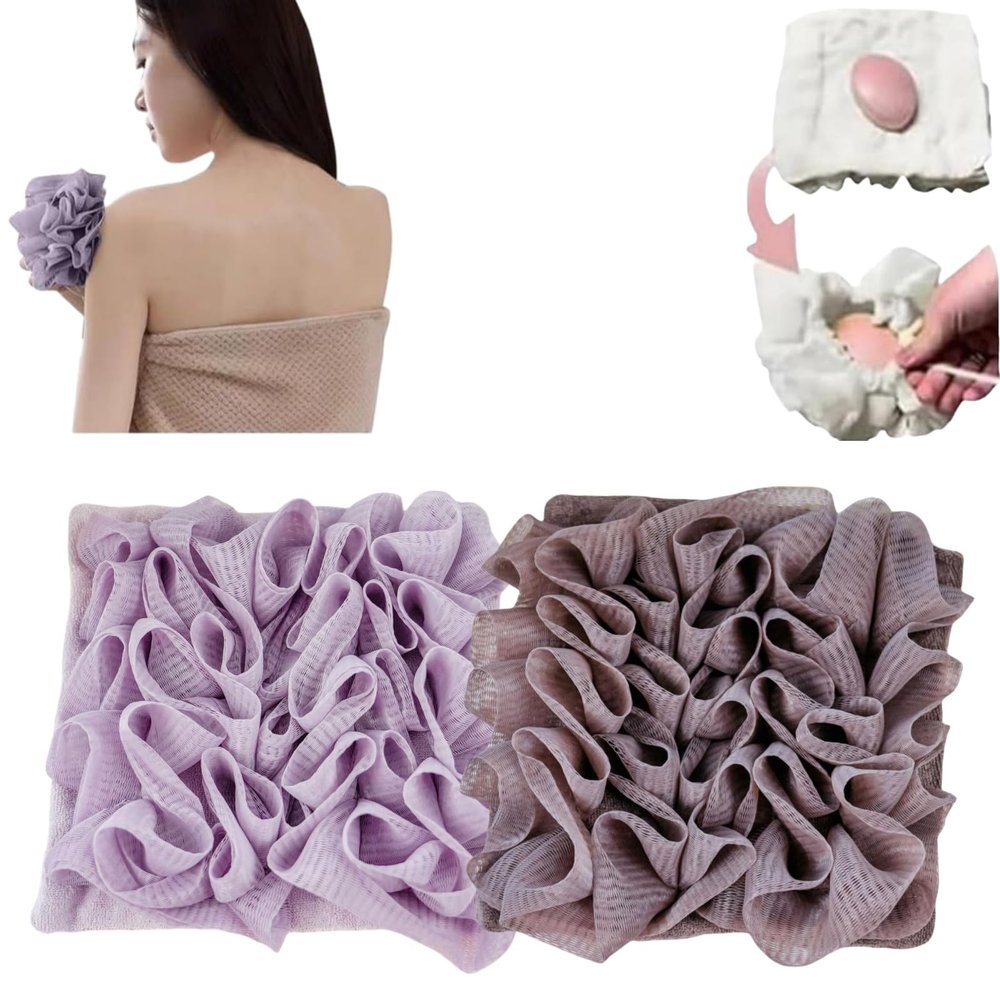 2-in-1 Washable Loofah Washcloth for Bar Soap, Soft Exfoliating Bath Sponge with Soap Pocket, Cleansing and Smooth Skin, Reusable Shower Gloves for Women Men (2-Pack) (C)