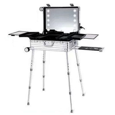 KJZQLMZ Makeup Train Case Professional Aluminum Alloy Rolling with Lighted Mirror, Large Cosmetic Organizer Box with Wheels & Adjustable Stands, Travel Vanity Box (Silver)