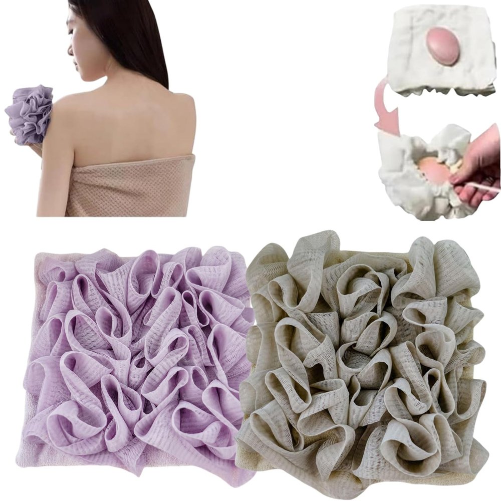 2-in-1 Washable Loofah Washcloth for Bar Soap, Soft Exfoliating Bath Sponge with Soap Pocket, Cleansing and Smooth Skin, Reusable Shower Gloves for Women Men (2-Pack) (D)