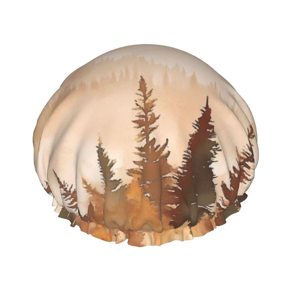 Watercolor Forest Pine Trees Mountain Prints Shower Cap Double Layer Lined Waterproof Bathing Shower Hat