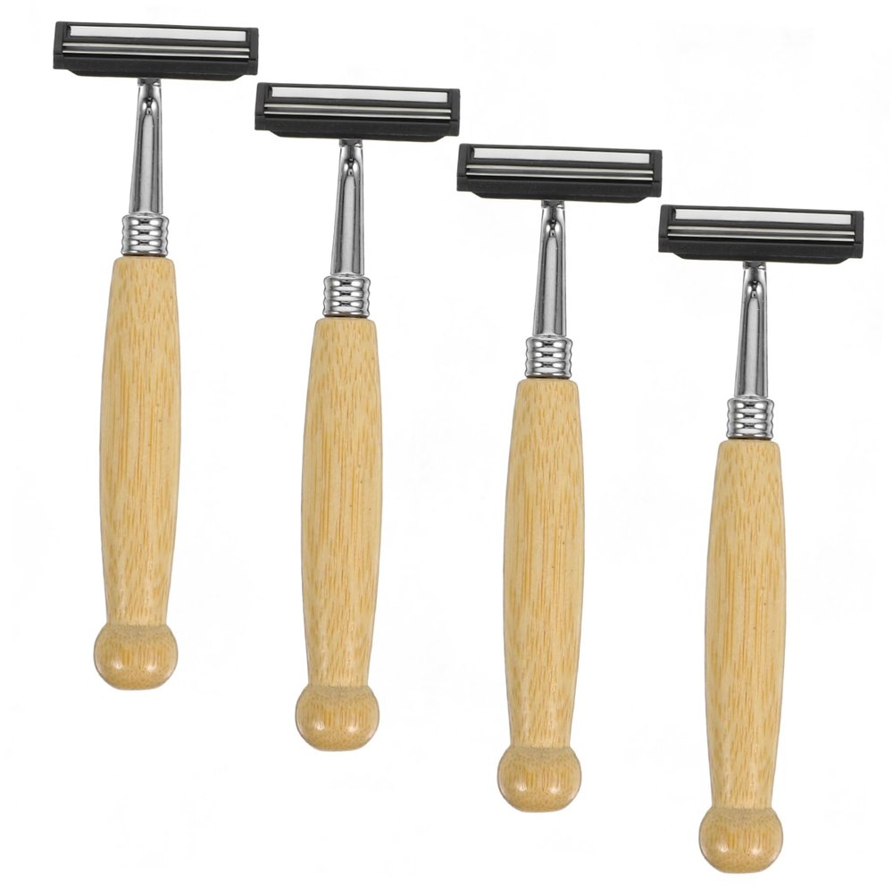 ERINGOGO Bamboo Handle Razor Set of 4 Stainless Steel Shaving Blades for Men Comfortable Grip Beard Trimmers for Sustainable Grooming