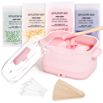 Waxing Kit, Silicone Wax Warmer with 4 Packs Hard Wax Beads, Protable Hot Wax Machine Pot for Full Body, Face, Eyebrows, Legs, Bikini, At Home Hair Removal Kit with 15 Accessories for Women Men, Pink