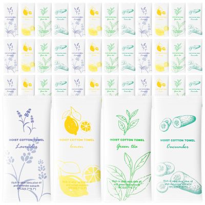Moist Cotton Towel Bulk Moist Towelettes Individually Wrapped,White Towel Services,Refreshment Pre Moistened Towels for Dentist Travel Sport Party Hotel 100Lavender,Green tea, Lemon and Cucumber