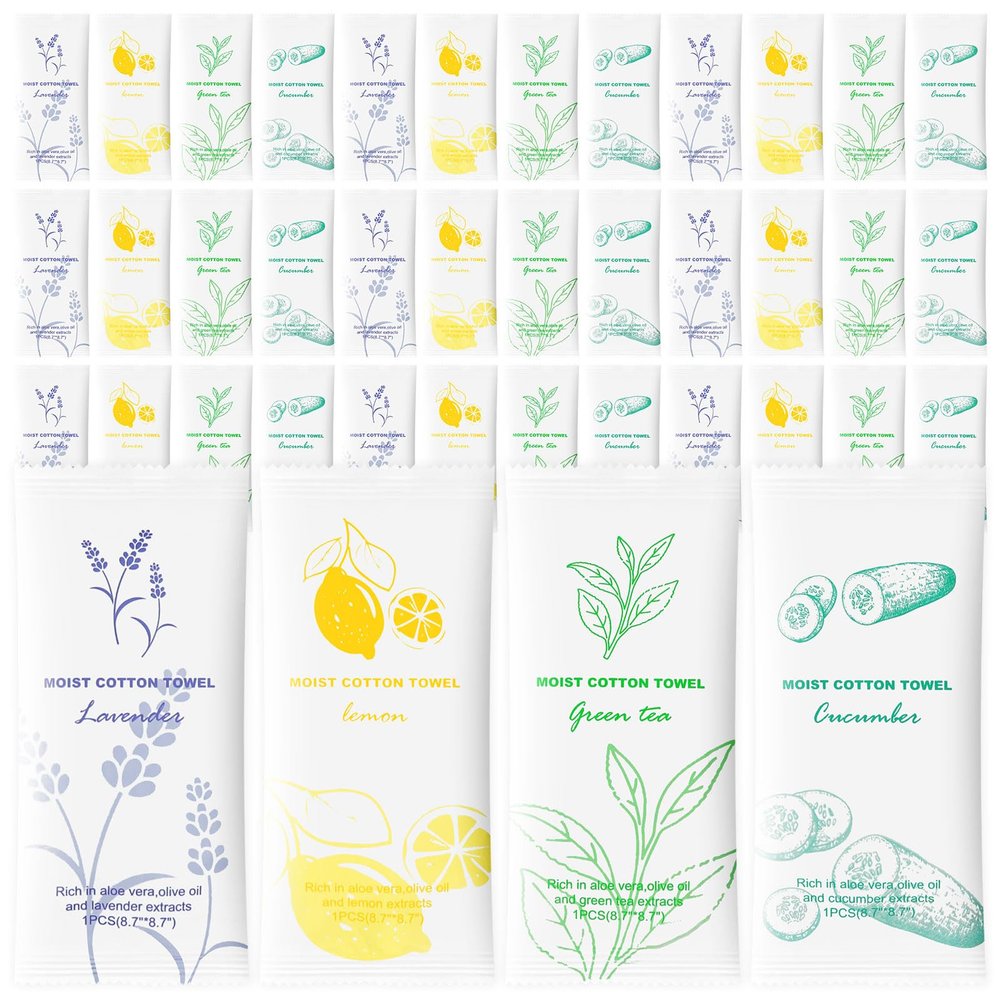 Moist Cotton Towel Bulk Moist Towelettes Individually Wrapped,White Towel Services,Refreshment Pre Moistened Towels for Dentist Travel Sport Party Hotel 100Lavender,Green tea, Lemon and Cucumber