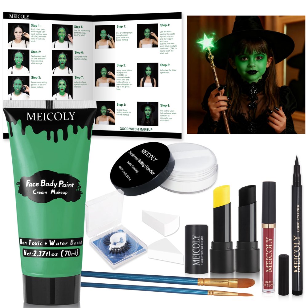MEICOLY Complete Green Witch Makeup Kit,Wicked Costume Halloween SFX Frankenstein Makeup Set,Elphaba Green Face Paint for Character Cosplay Stage Performance Theater,Setting Powder,Yellow Face Paint
